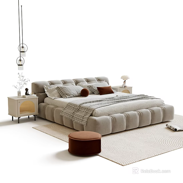 Modern Double Bed With Tufted Headboard Soft Upholstery Bedside Tables And Stool 3d model