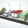 Different Types of Recreational Vehicles Parked with Streetlights and Grass Area