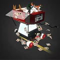 Red Box Shaped Machine With Small Dogs And Scattered Money Notes On Dark Background 3d model