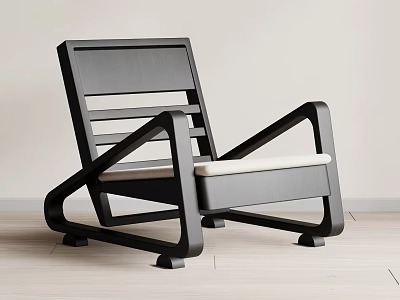 Modern Black Frame Lounge Chair With Light Colored Cushion And Slatted Backrest 3d model