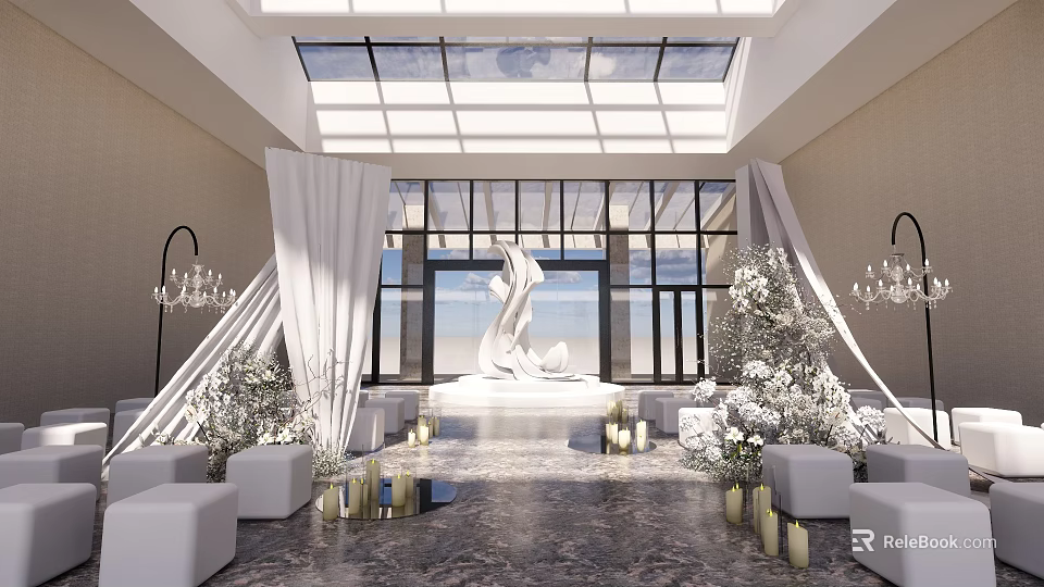Elegant Banquet Hall Interior With White Decor Flower Arrangements Large Windows And Chandeliers 3d model 