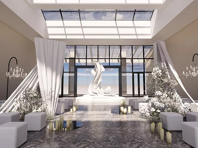 Elegant Banquet Hall Interior With White Decor Flower Arrangements Large Windows And Chandeliers 3d model