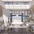 Elegant Banquet Hall Interior With White Decor Flower Arrangements Large Windows And Chandeliers