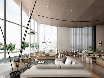Modern Hotel Public Lounge Area With Comfortable Seating Large Windows And Coffee Tables 3d model