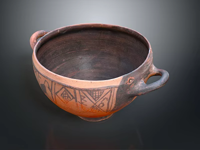Handmade Ceramic Bowl Sculpture With Two Handles And Geometric Carved Patterns 3d model