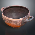 Handmade Ceramic Bowl Sculpture With Two Handles And Geometric Carved Patterns