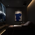 Modern SPA Sauna Room Interior Design With Comfortable Sofa Mural And Ambient Lighting