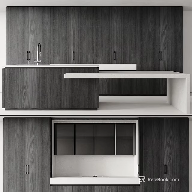 Modern Kitchen Interior With Dark Wooden Cabinets White Countertops And Sink 3d model 
