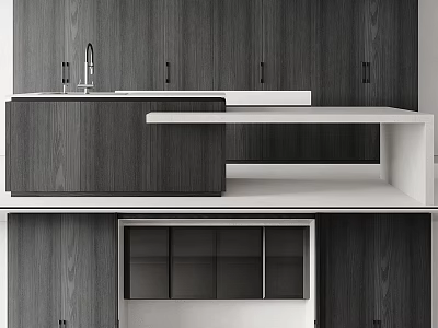 Modern Kitchen Interior With Dark Wooden Cabinets White Countertops And Sink 3d model