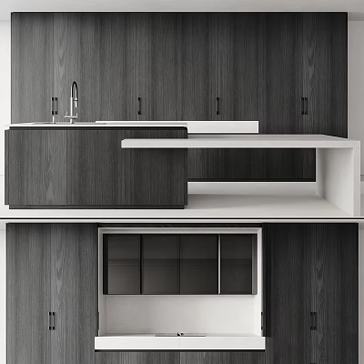 Modern Kitchen Interior With Dark Wooden Cabinets White Countertops And Sink 3d model