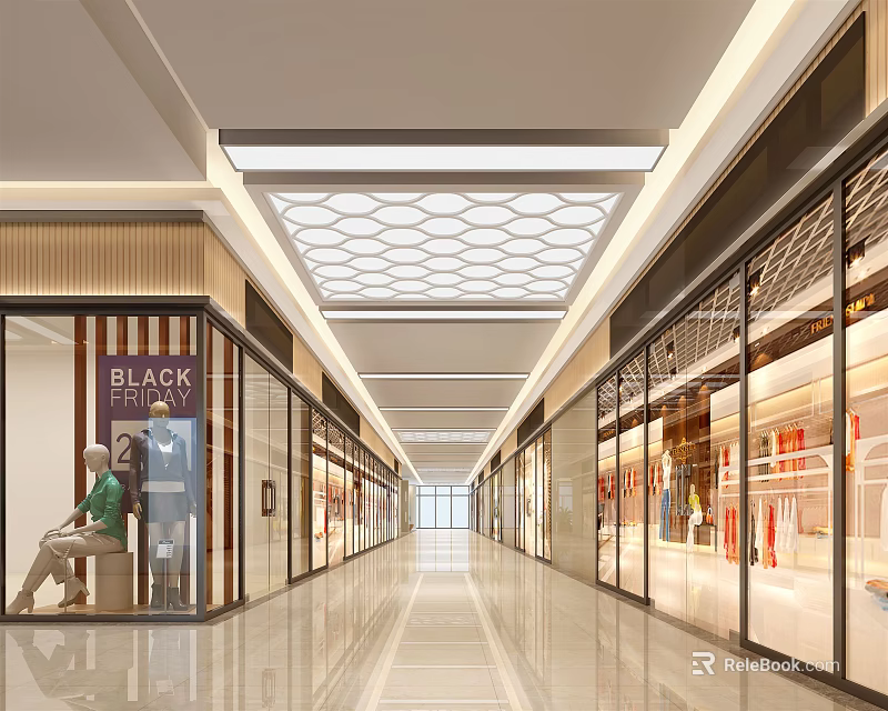 Modern Elevator Corridor Design With Storefront Windows Mannequins Ceiling Lights And Sleek Flooring 3d model