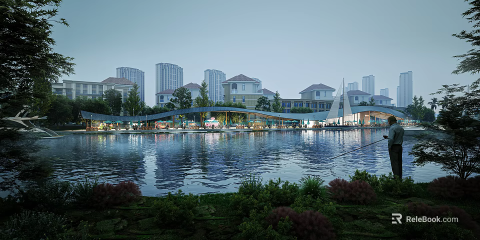 Scenic Urban Park Landscape With Lake Reflection Green Vegetation And Distant Buildings 3d model 
