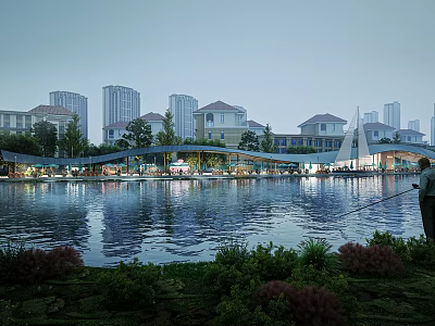Scenic Urban Park Landscape With Lake Reflection Green Vegetation And Distant Buildings 3d model