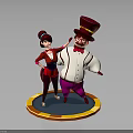 Two Cartoon Characters In Red Outfit Top Hat And Purple Pants Posing On Circular Platform