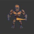 Cartoon Style Muscular Wooden Figure Standing Pose With Rugged Texture Holding Yellow Stick