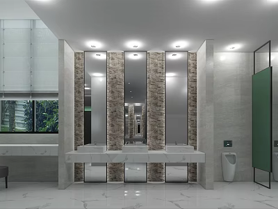 Modern Public Restroom Interior With Marble Countertop Mirrors Lighting And Window Plants 3d model