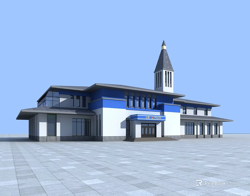 Modern Blue And White Building With Spire Tower Glass Windows And Plaza 3d model 