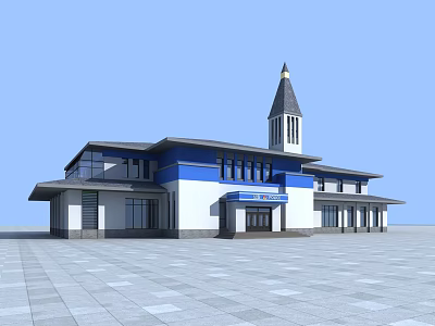 Modern Blue And White Building With Spire Tower Glass Windows And Plaza 3d model