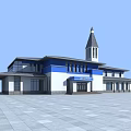 Modern Blue And White Building With Spire Tower Glass Windows And Plaza