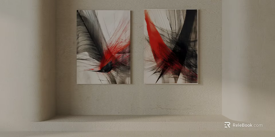Abstract Wall Art Paintings With Red Black Brush Strokes On Beige Wall 3d model 