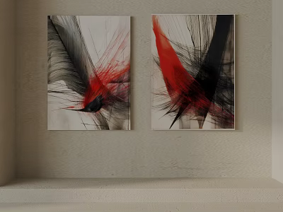 Abstract Wall Art Paintings With Red Black Brush Strokes On Beige Wall 3d model