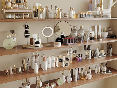 Elegant Perfume Cosmetics Display With Organized Shelf And Various Skincare Makeup Bottles 3d model