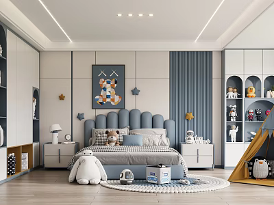 Kids Room Interior Design With Blue Headboard Storage Cabinets Stuffed Toys And Round Rug 3d model