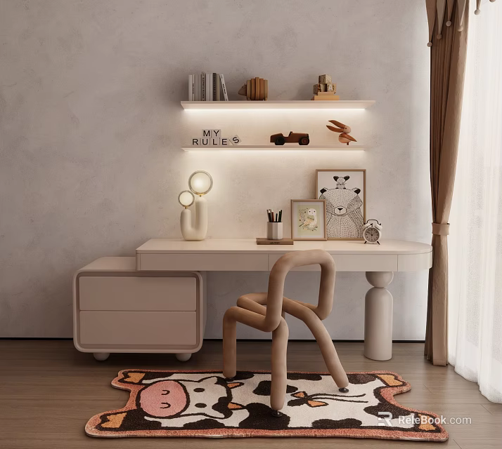 Modern Desk with Shelf MY WORLD Decor Design Chair Drawer Cabinet Cartoon Rug Table Lamp 3d model 