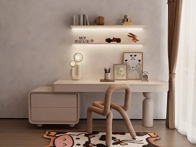 Modern Desk with Shelf MY WORLD Decor Design Chair Drawer Cabinet Cartoon Rug Table Lamp 3d model