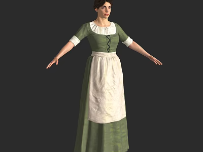 Woman In Green Dress With White Apron Collar And Cuffs Vintage Costume 3d model