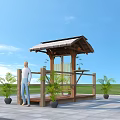 Wooden Pergola With Thatch Roof In Outdoor Paved Area With Potted Plants
