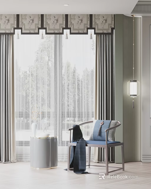 Sheer And Thick Curtains Enhance Cozy Living Room With Natural View 3d model 