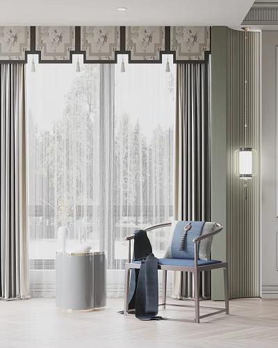 Sheer And Thick Curtains Enhance Cozy Living Room With Natural View 3d model