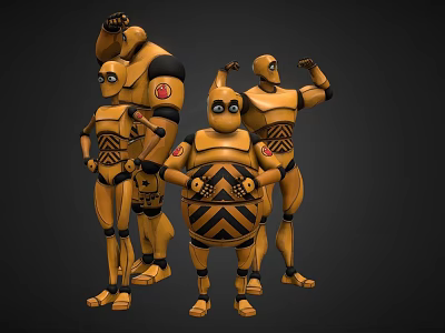 Yellow Armored Characters And Creatures In Group Dynamic Design 3d model