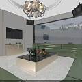 Modern KTV Room With Large Screen TV Chandelier Green Sofas And Scenic View