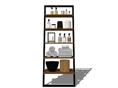Multilayer Home Storage Shelf with Rolled Folded Towels Bottles Jars and Black Bowl 3d model