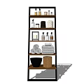 Multilayer Home Storage Shelf with Rolled Folded Towels Bottles Jars and Black Bowl