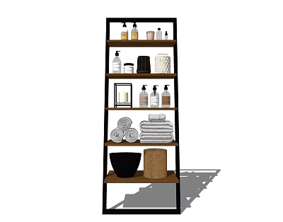 Multilayer Home Storage Shelf with Rolled Folded Towels Bottles Jars and Black Bowl 3d model