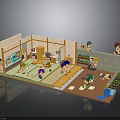Colorful Cartoon Indoor Scene Featuring Multiple Characters Interacting Around Tables Drawing Boards And Plant Areas