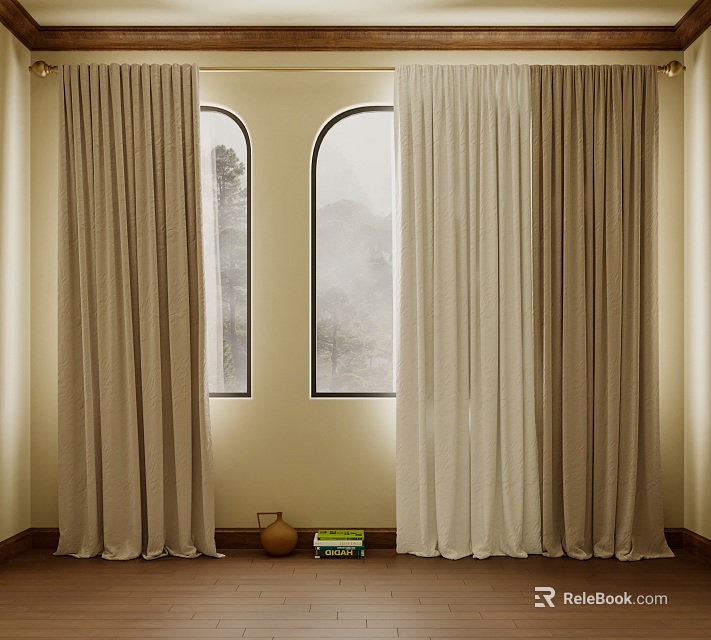 Beige And Light Beige Linen Curtains For Arched Indoor Windows With Wooden Floor 3d model 