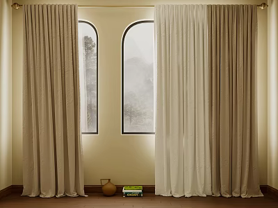 Beige And Light Beige Linen Curtains For Arched Indoor Windows With Wooden Floor 3d model