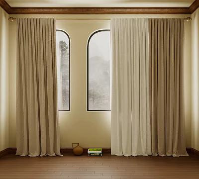 Beige And Light Beige Linen Curtains For Arched Indoor Windows With Wooden Floor 3d model