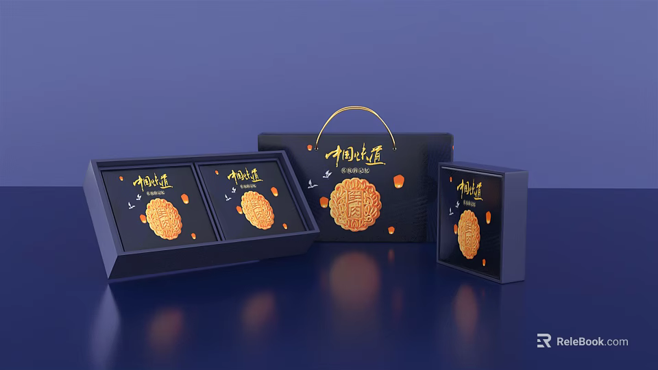 Chinese Flavor Mooncake Ornament Decoration Set With Black Gift Boxes And Golden Patterns 3d model 