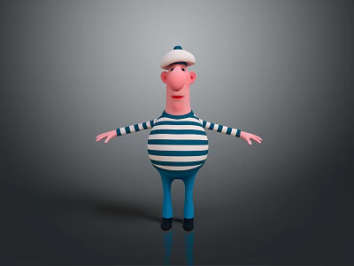 Cartoon Man Wearing White Hat And Blue White Striped Shirt With Arms Outstretched Gray Background 3d model
