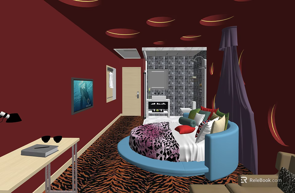 Elegant Hotel Room With Red Walls Round Blue Bed Colorful Pillows And Tiger Print Carpet 3d model 