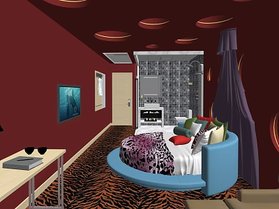 Elegant Hotel Room With Red Walls Round Blue Bed Colorful Pillows And Tiger Print Carpet 3d model