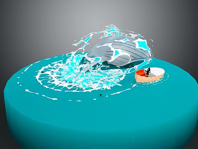 Giant Whale Jumping Out Of Water With Splashing Waves Near Small Boat With Person 3d model