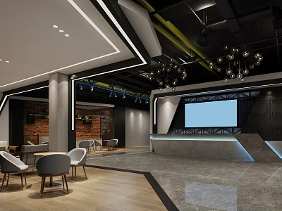 Modern Hotel Lobby Interior With Chandeliers Reception Desk And Comfortable Seating 3d model