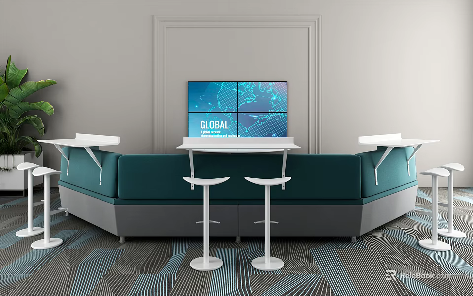 Modern Conference Table With Large GLOBAL Screen White High Stools And Green Gray Design 3d model
