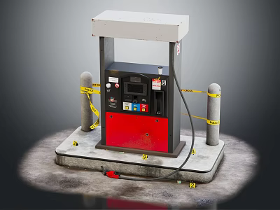 Red and Black Gas Station Fuel Pump with Yellow Warning Posts and Concrete Base 3d model